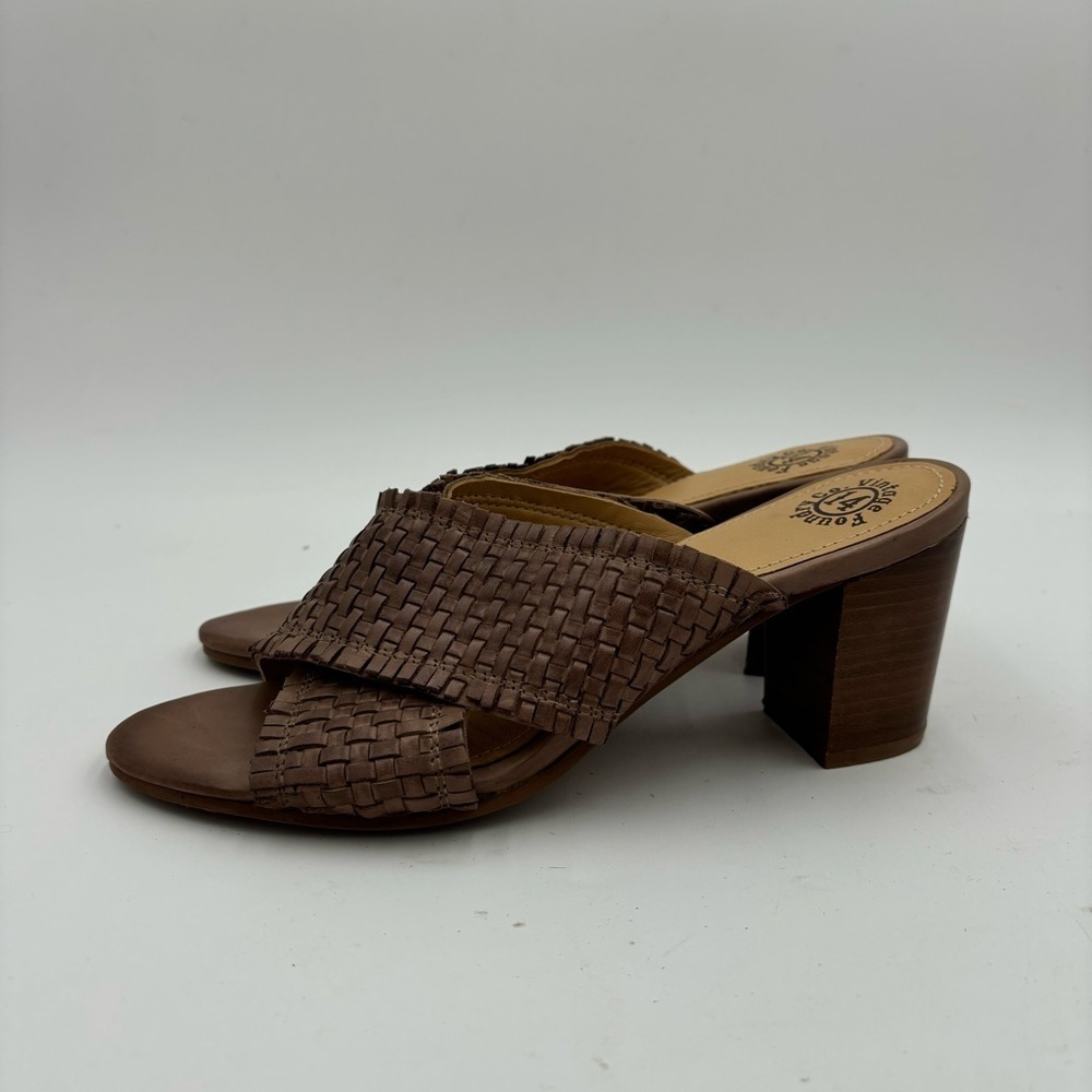 Woven Leather Block Heel Sandal - Brown